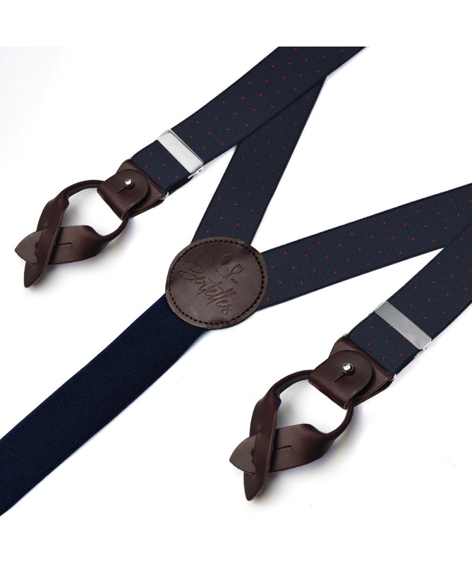 Superior wide men's braces / suspenders with leather details – Navy with red polka-dots