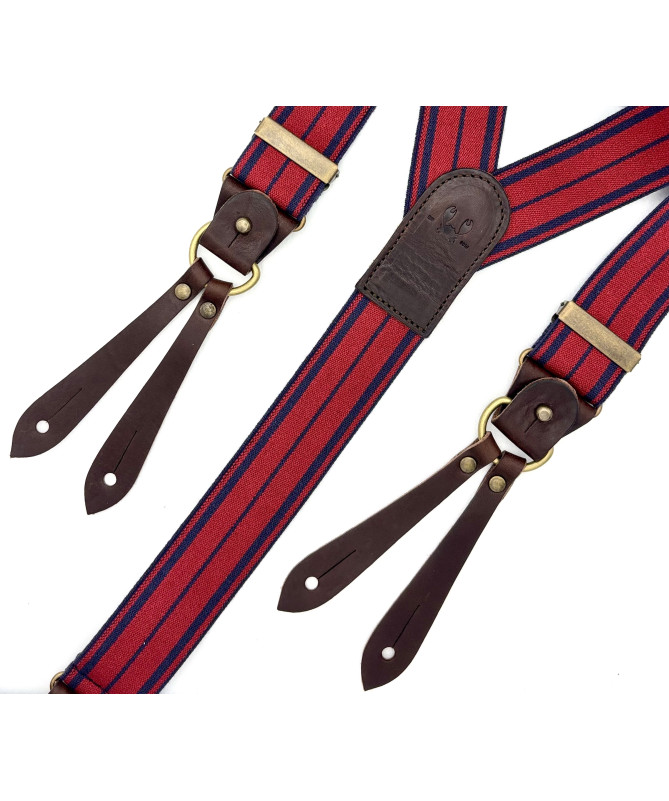 Bretelles larges Selvedge cuir buffalo - Rayure bleu marine sur rouge - Bertelles