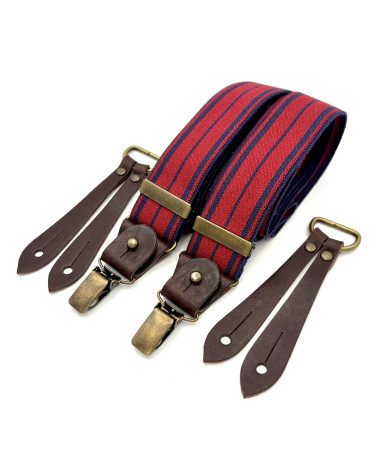 Selvedge wide men's braces / suspenders – Blue stripe on red