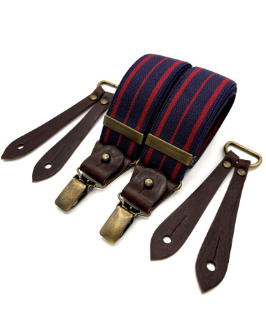 Bretelles larges Selvedge cuir buffalo - Rayure rouge sur bleu marine - Bertelles