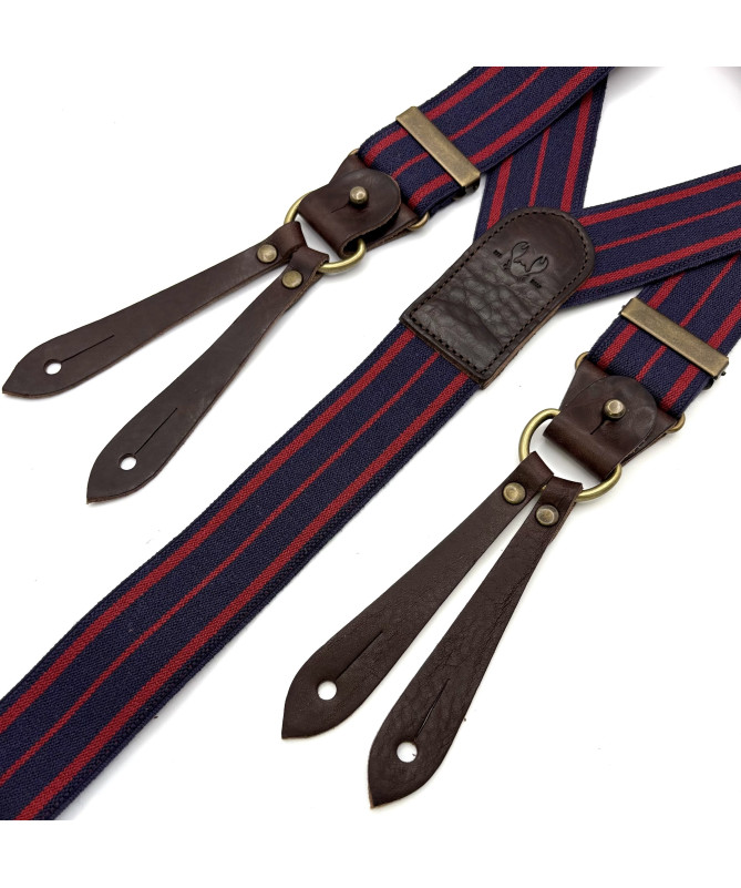 Bretelles larges Selvedge cuir buffalo - Rayure rouge sur bleu marine - Bertelles