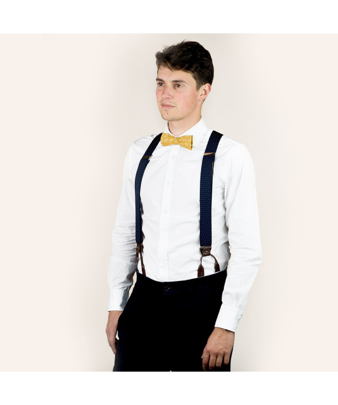 Superior wide men's braces / suspenders – Navy with yellow polka-dots
