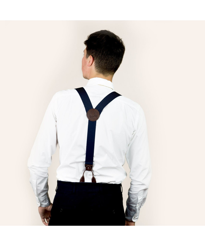 Superior wide men's braces / suspenders – Navy with yellow polka-dots