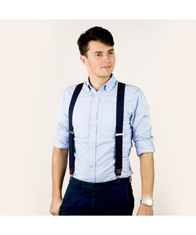 Bretelles Larges à pinces et cuir– Pois jaunes sur bleu marine