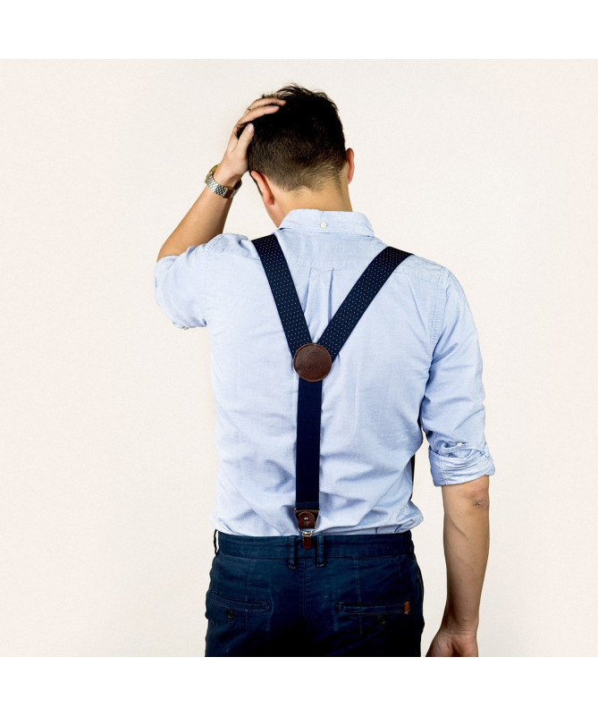 Wide clip-on men's braces / suspenders with leather details – Navy with yellow polka-dots