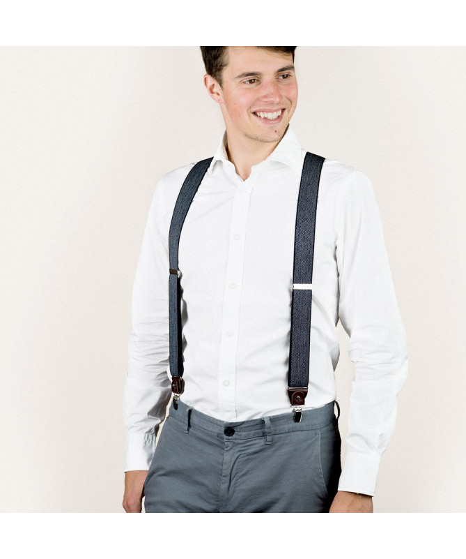 Wide clip-on men's braces / suspenders with leather details – Navy chevron