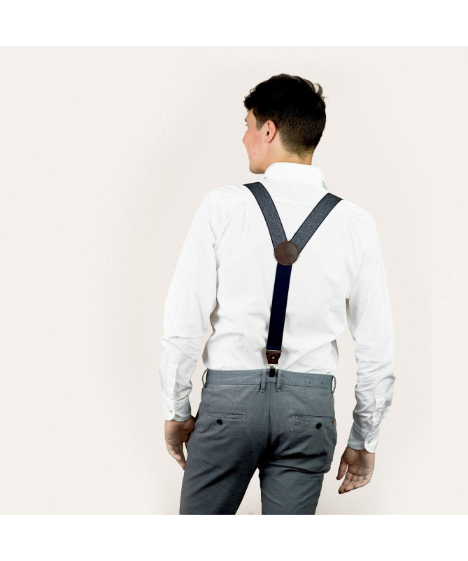 Bretelles Larges à pinces et cuir – Chevron bleu marine