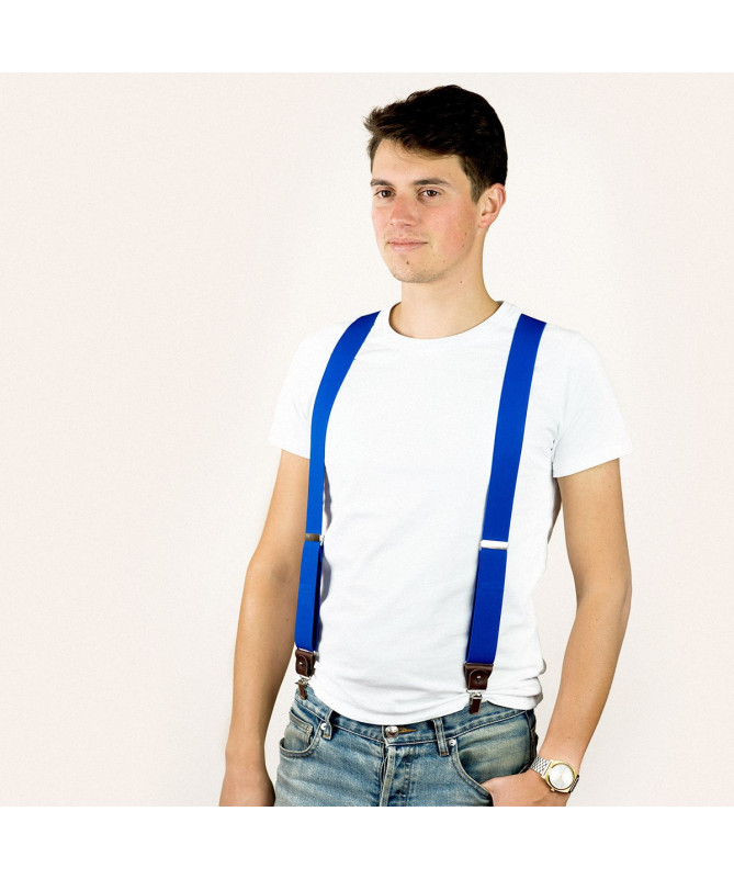 Wide clip-on men's braces / suspenders with leather details – Royal blue