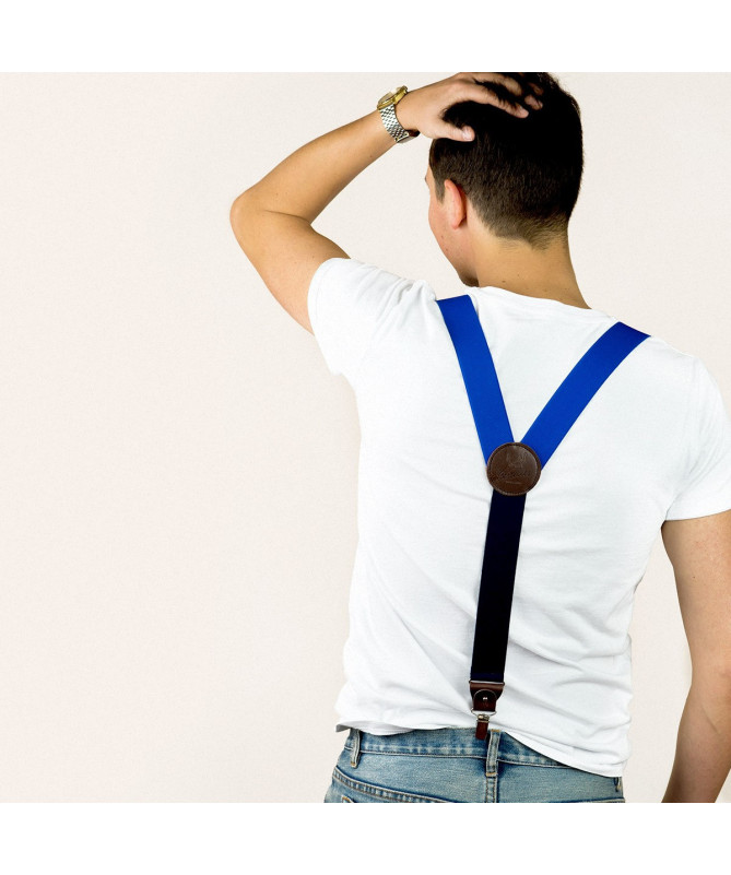 Wide clip-on men's braces / suspenders with leather details – Royal blue