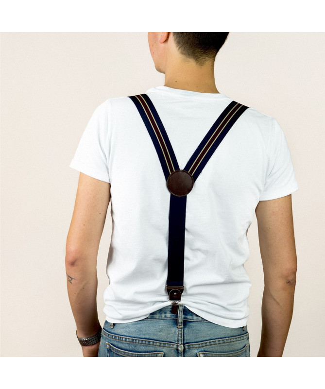 Wide clip-on men's braces / suspenders with leather details – Navy, dark red and beige stripe