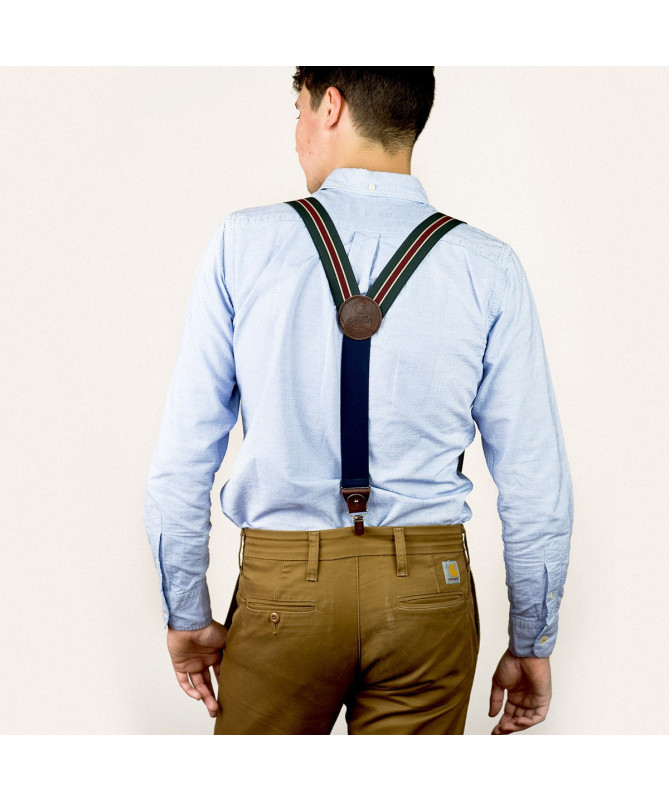 Wide clip-on men's braces / suspenders with leather details – Khaki, dark red and beige stripe