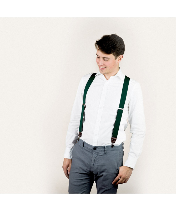 Bretelles homme larges à pinces et cuir – Vert bouteille uni - Bertelles