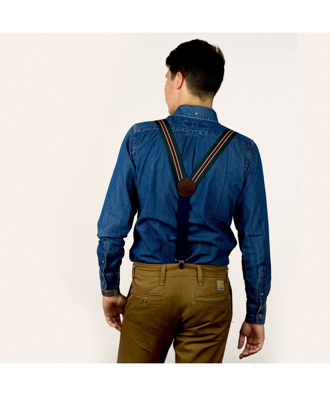 Wide clip-on men's braces / suspenders – Khaki, dark red and beige stripe