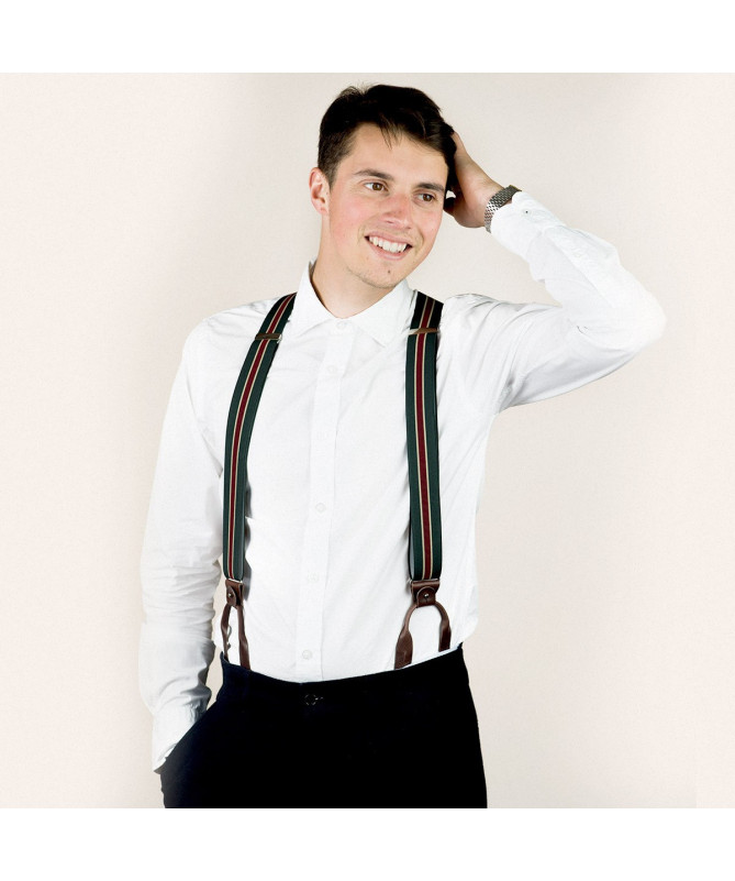 Superior wide men's braces / suspenders – Khaki, dark red and beige stripe