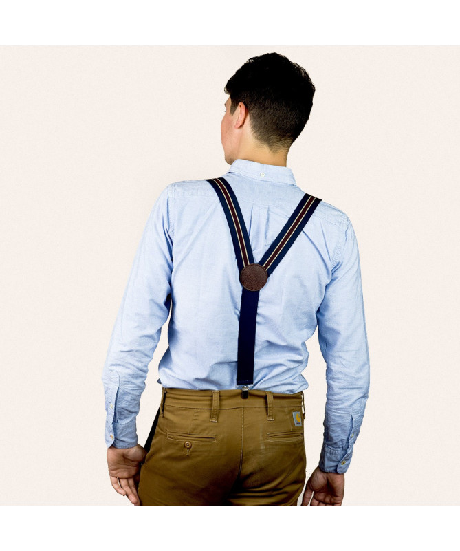 Wide clip-on men's braces / suspenders – Navy, dark red and beige stripe