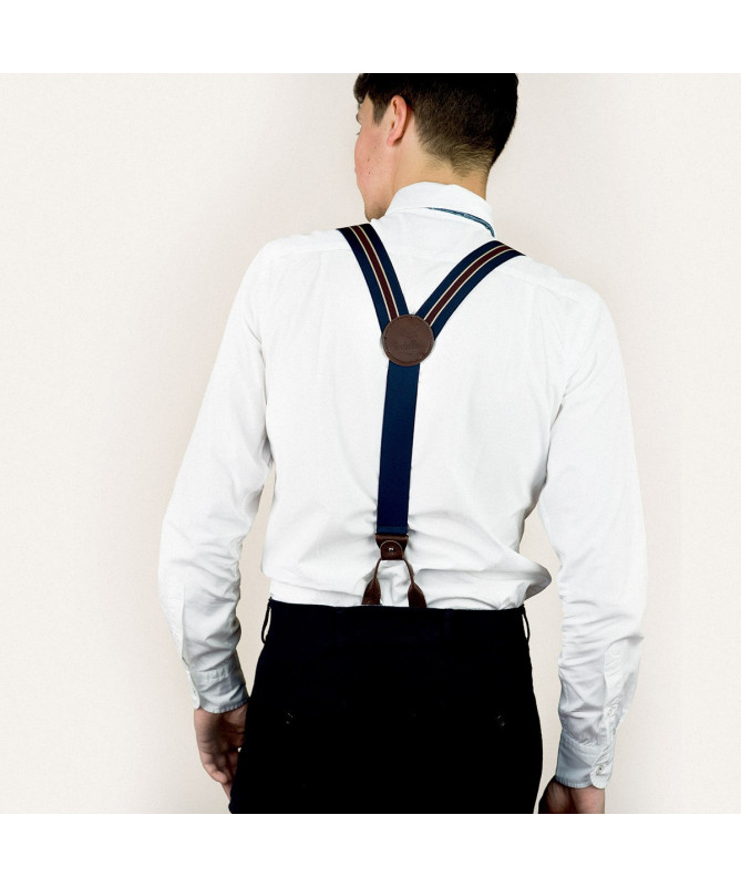 Superior wide men's braces / suspenders – Navy, dark red and beige stripe