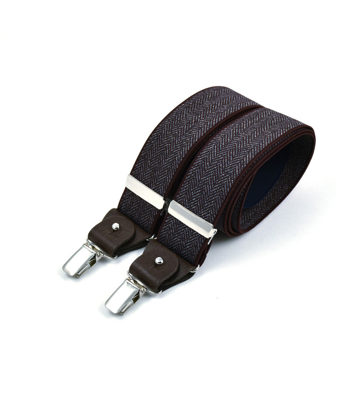 Wide clip-on men's braces / suspenders with leather details – Wine chevron