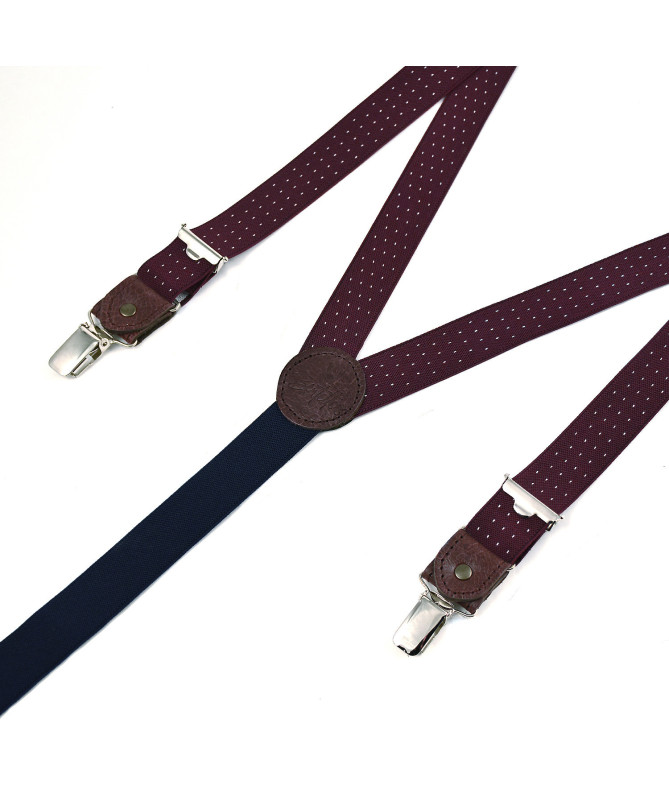 Thin clip-on men's braces / suspenders with leather details – Wine with white polka dots