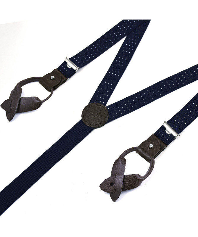 Superior thin men's braces / suspenders – Navy with white polka-dots