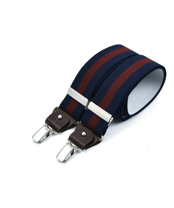 Wide clip-on men's braces / suspenders with leather details – Wine stripe on navy