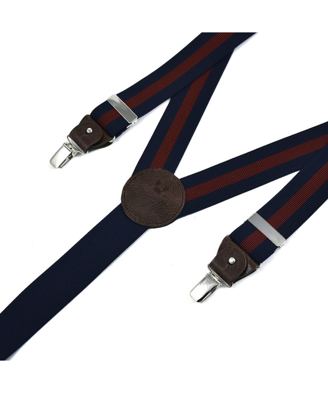 Wide clip-on men's braces / suspenders with leather details – Wine stripe on navy