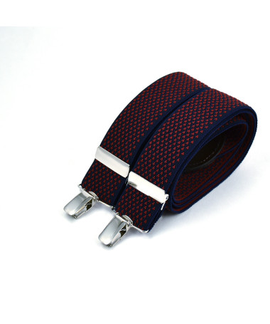 Wide clip-on men's braces / suspenders – Red micro-pattern on navy