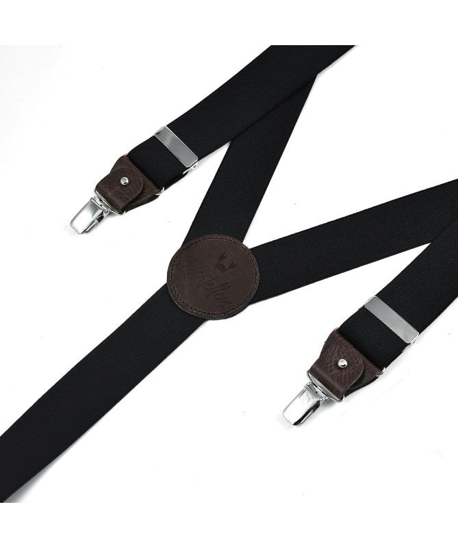 Wide men's braces / suspenders with leather details – Black