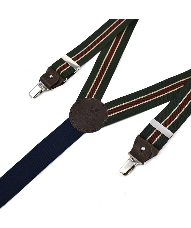 Wide clip-on men's braces / suspenders with leather details – Khaki, dark red and beige stripe