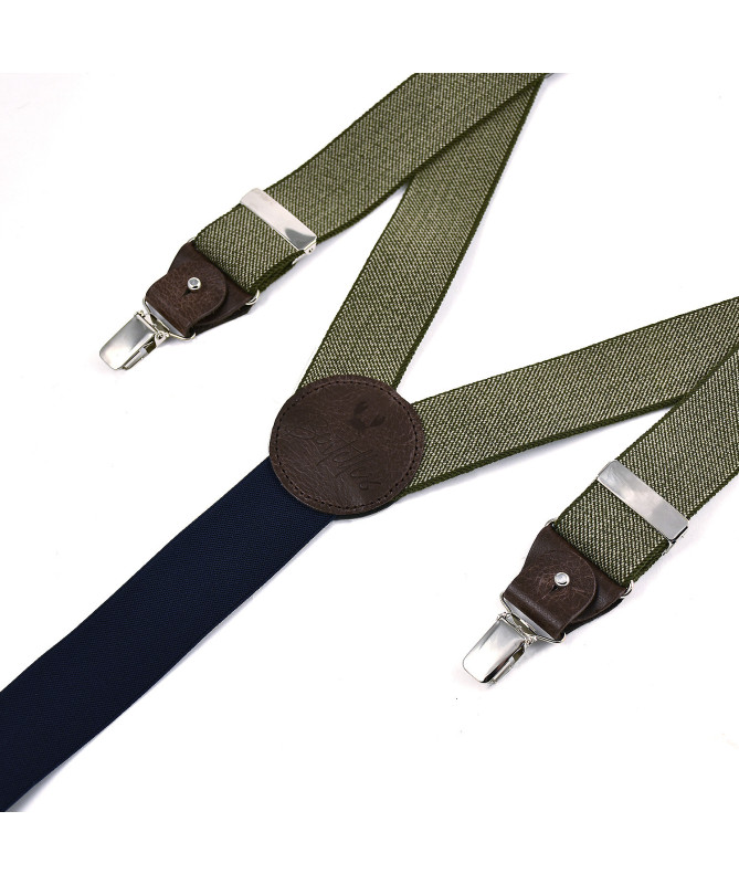 Wide clip-on men's braces / suspenders with leather details – Khaki tweed