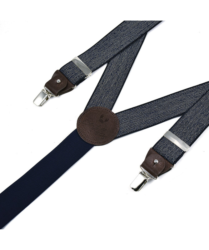 Bretelles homme larges à pinces et cuir – Chevron bleu marine - Bertelles
