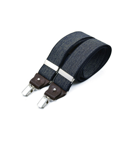 Bretelles Larges à pinces et cuir – Chevron bleu marine