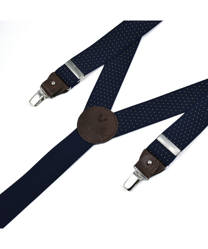 Wide clip-on men's braces / suspenders with leather details – Navy with yellow polka-dots