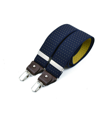 Bretelles homme larges à pinces et cuir – Bleu marine à pois jaunes - Bertelles