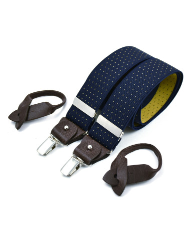 Superior wide men's braces / suspenders – Navy with yellow polka-dots
