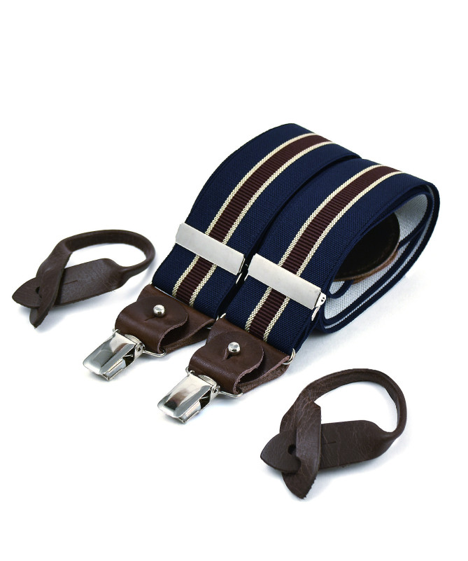 Superior wide men's braces / suspenders – Navy, dark red and beige stripe