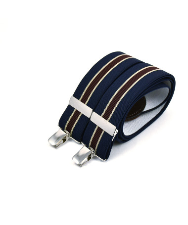 Wide clip-on men's braces / suspenders – Navy, dark red and beige stripe