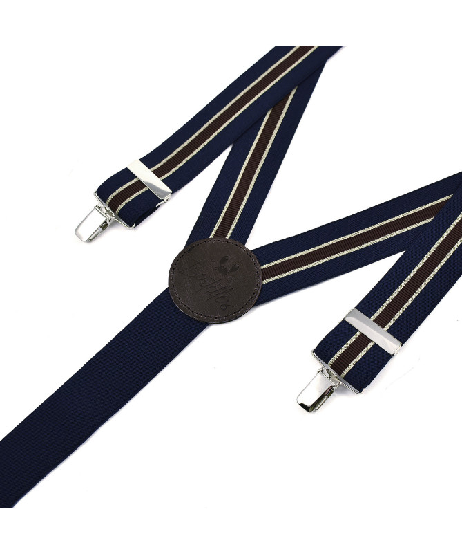 Wide clip-on men's braces / suspenders – Navy, dark red and beige stripe