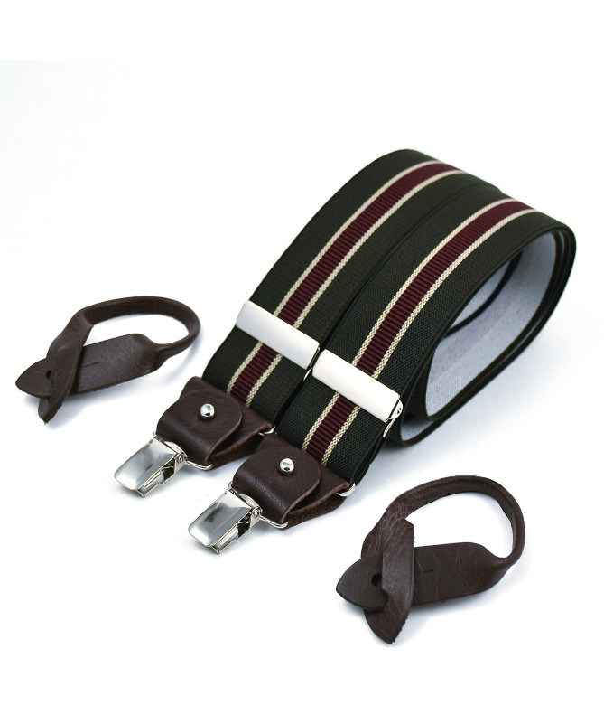 Superior wide men's braces / suspenders – Khaki, dark red and beige stripe