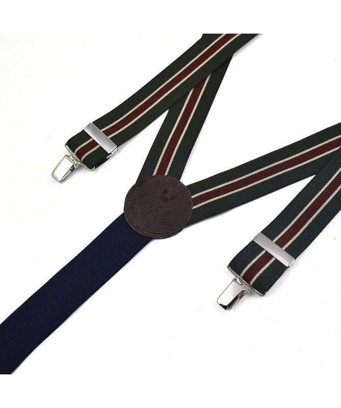 Wide clip-on men's braces / suspenders – Khaki, dark red and beige stripe