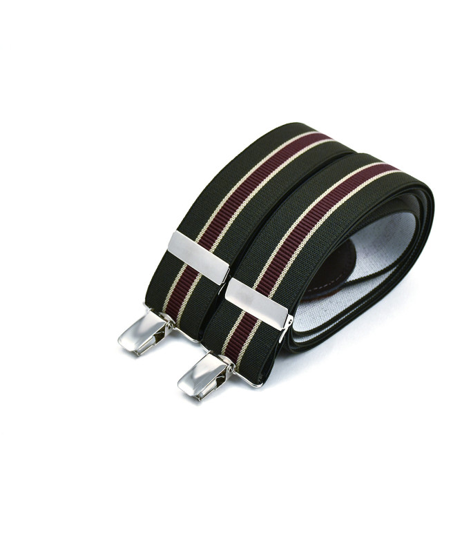 Bretelles homme larges à pinces - Rayure kaki, bordeaux et beige - Bertelles