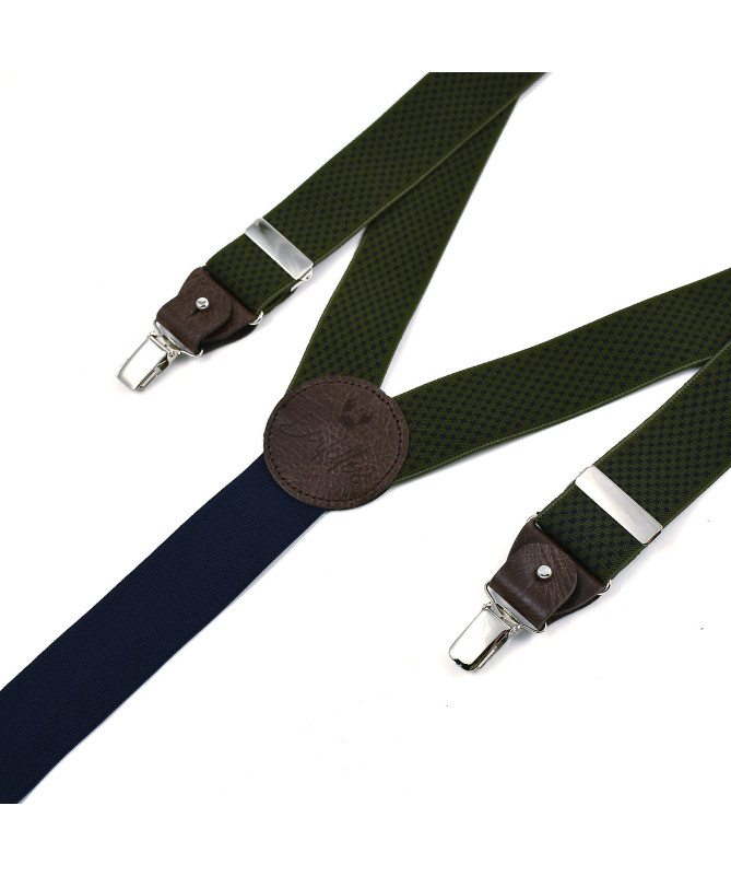 Bretelles homme larges à pinces et cuir – Croix navy sur kaki - Bertelles