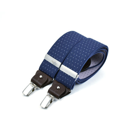Wide clip-on men's braces / suspenders with leather details – Blue with pink polka-dots - Bertelles