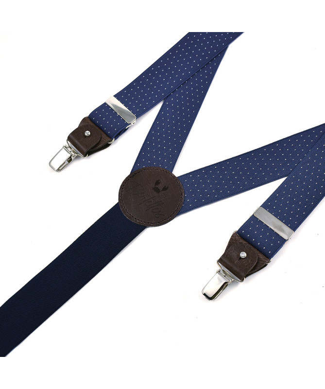 Wide clip-on men's braces / suspenders with leather details – Blue with pink polka-dots - Bertelles