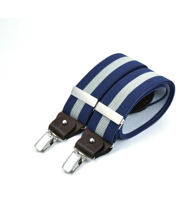 Wide clip-on men's braces / suspenders with leather details – Grey stripe on blue