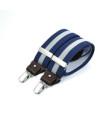 Wide clip-on men's braces / suspenders with leather details – Grey stripe on blue