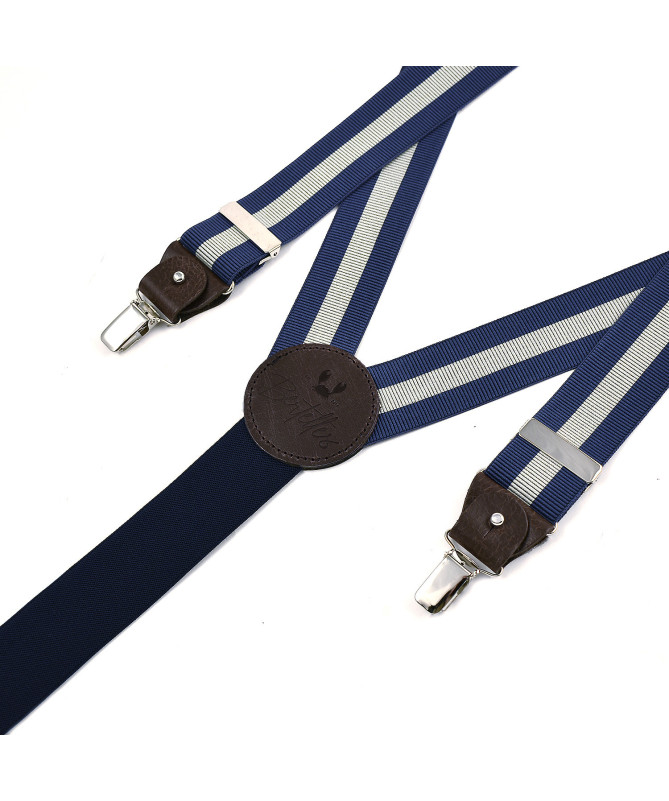 Wide clip-on men's braces / suspenders with leather details – Grey stripe on blue
