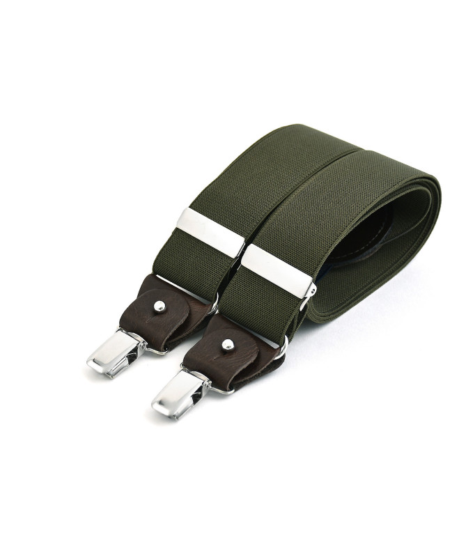 Wide clip-on men's braces / suspenders with leather details - Khaki – Bertelles