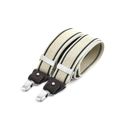 Bretelles homme larges à pinces et cuir - Fines rayures bleu marine et vertes sur écru - Bertelles