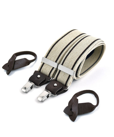 Superior wide men's braces / suspenders – Thin wine and green stripe on ecru – Bertelles