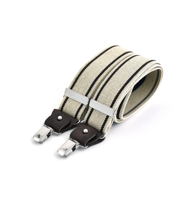 Wide clip-on men's braces / suspenders with leather details - Thin wine and green stripes on ecru – Bertelles
